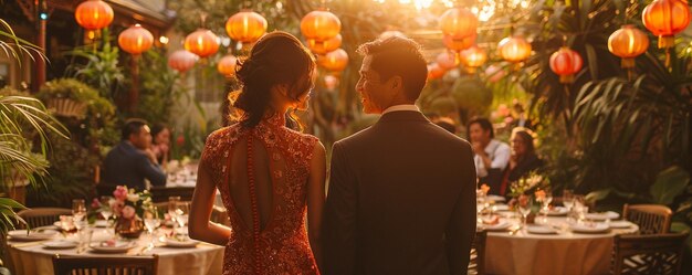 Photo a garden party with guests dressed traditional background