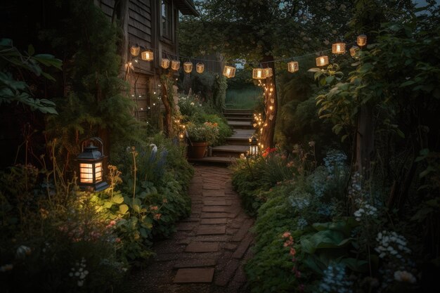 Garden path illuminated by lanterns and string lights