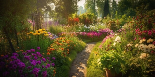 A garden path with flowers in the middle and a sun shining on the right.