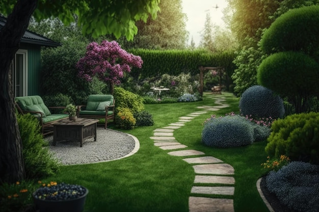 屋外用家具と明るい緑の芝生の居心地の良い裏庭のある庭の小道