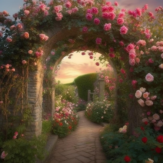 A garden path with roses on it