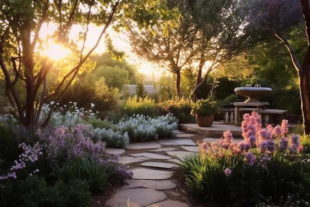 Foto un viale del giardino con vialetto in pietra e un tavolo con fiori in primo piano.