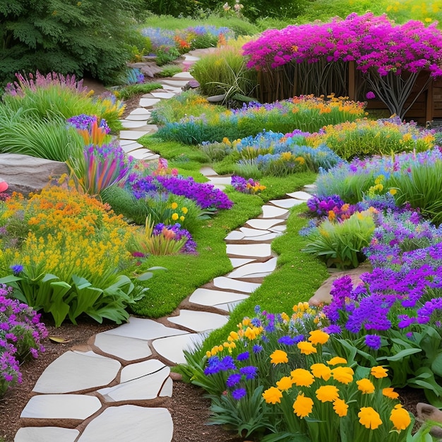 A garden path with a variety of flowers and plants.