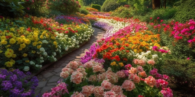 A garden path with a variety of flowers