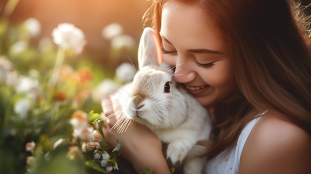 In a garden a person enjoys a moment of connection with their pet rabbit exemplifying the gentleness and love shared between them