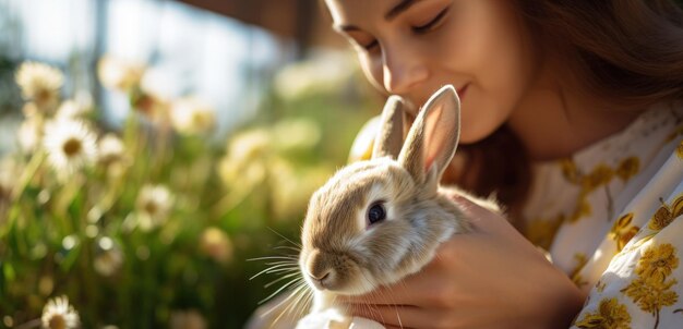 庭で誰かがペットのウサギとのつながりの瞬間を楽しみ彼らの間の優しさと愛を示しています