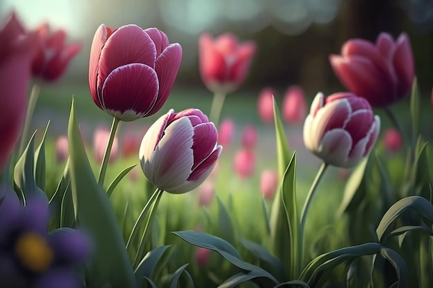 Garden of pink tulips tulips bloom in the field spring Generative AI