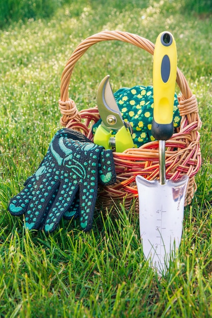 Garden pruner, hand trowel and protective gloves with wicker basket in green grass of the lawn. Garden tools and equipment.