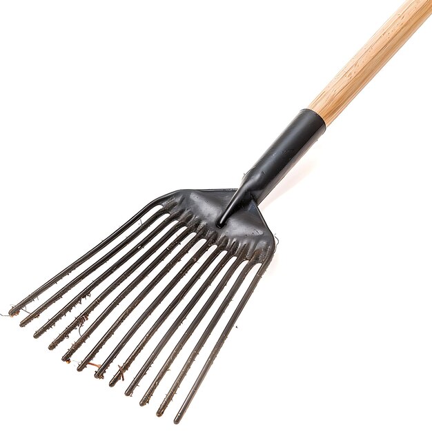 Garden Rake With Wooden Handle and Black Metal Tines a Tool Isolated Clean Blank BG Items Design