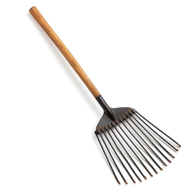 Garden Rake With Wooden Handle and Black Metal Tines a Tool Isolated Clean Blank BG Items Design