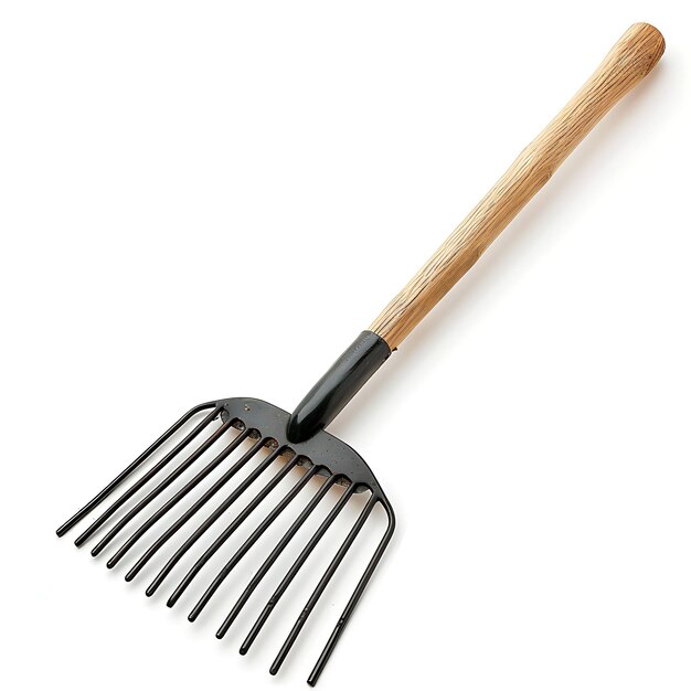 Garden Rake With Wooden Handle and Black Metal Tines a Tool Isolated Clean Blank BG Items Design