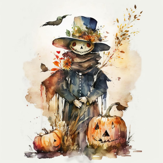 garden scarecrow watercolor style Generative AI