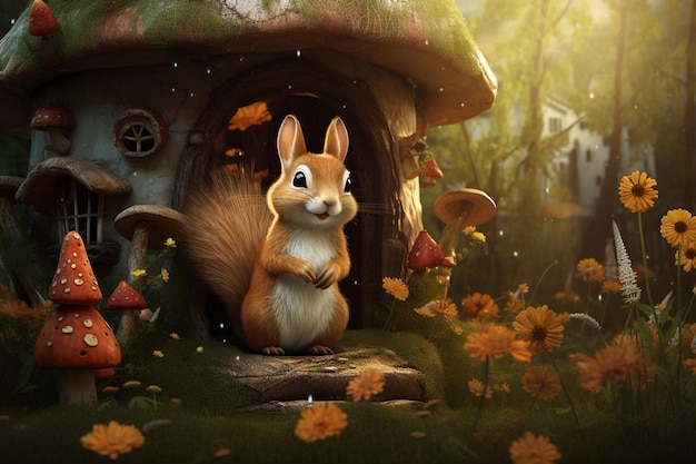 garden scene with cute squirrel