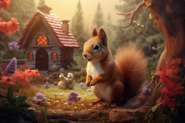 garden scene with cute squirrel