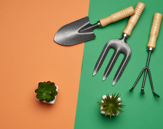 Garden set of shovels, rakes, pitchforks on a green-orange background, top view