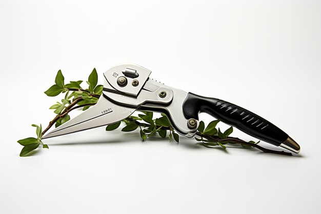 Garden shears and green plant on a white background with copy space