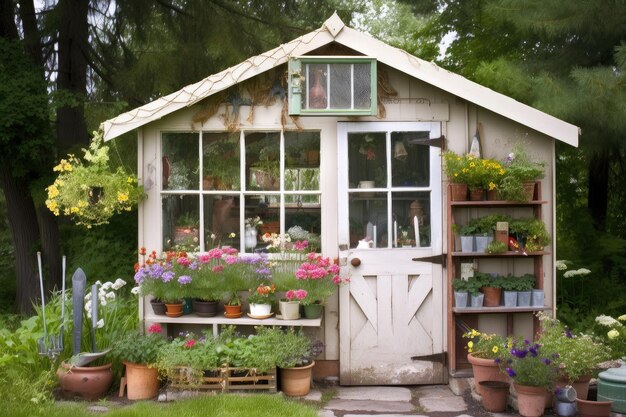 A garden shed with a greenhouse window showcasing exotic plants and flowers