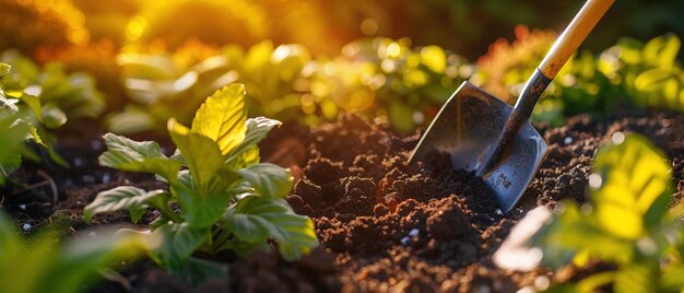 A garden shovel is poised in rich soil ready for planting