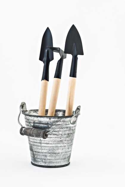 Garden shovel rake and a metal bucket isolated