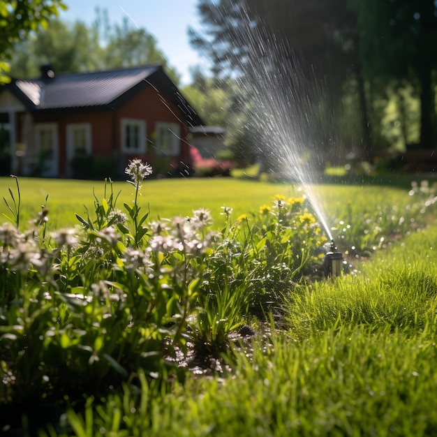 garden sprinkler on the green lawn automatic watering in the par