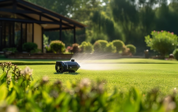 garden sprinkler on the green lawn automatic watering in the park