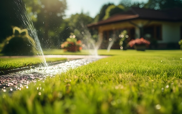 garden sprinkler on the green lawn automatic watering in the park