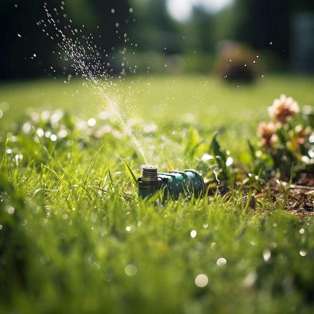 Foto irrigatore di giardino sul prato verde irrigazione automatica nel parco