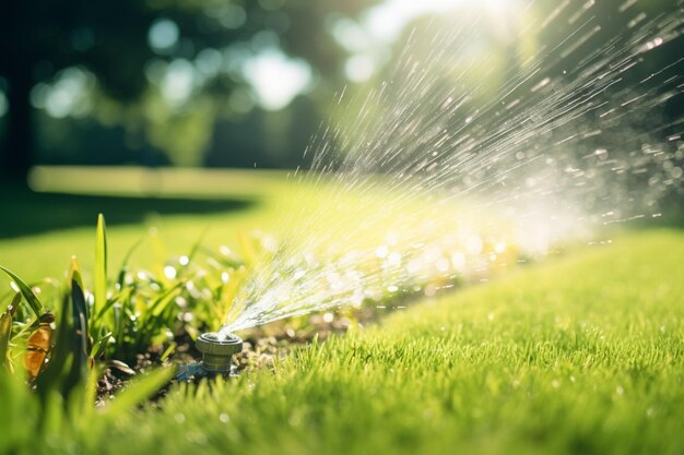 garden sprinkler watering a lawn on a sunny summer day