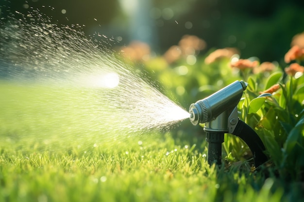 garden sprinkler watering a lawn on a sunny summer day