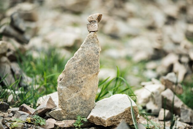 Garden of stones. pyramids from rocks of brick breeds. balance\
concept