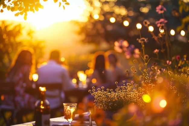 A garden summer party at sunset with silhouettes against the colorful sky