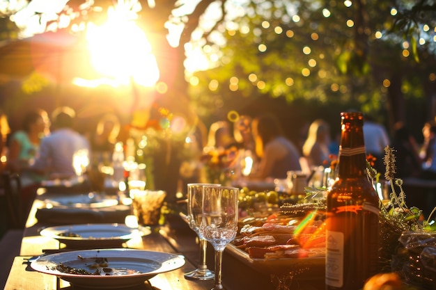 A garden summer party at sunset with silhouettes against the colorful sky