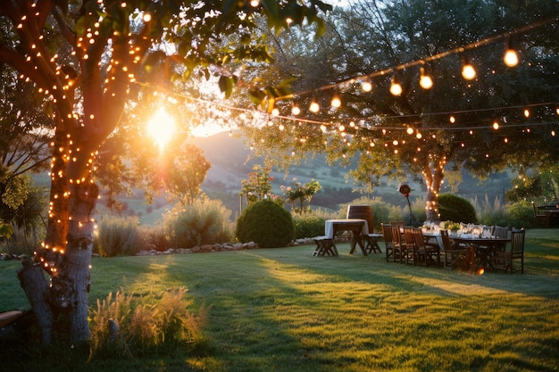 A garden summer party at sunset with silhouettes against the colorful sky