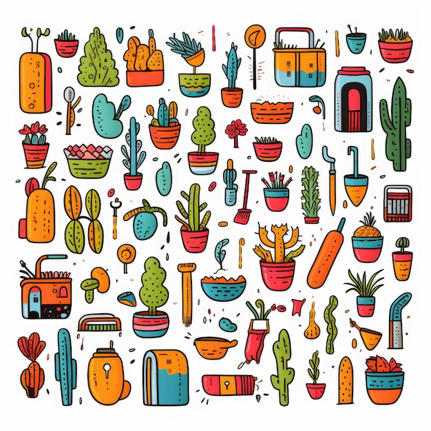 Photo garden supplies colorful set of doodles on white background generative ai