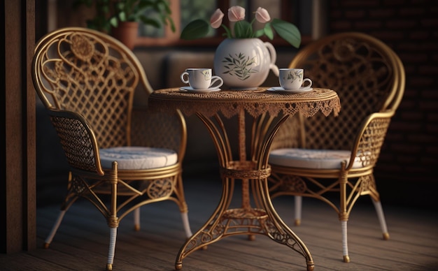 a garden table and chairs made from rattan with a cup of coffee on it. ai generated