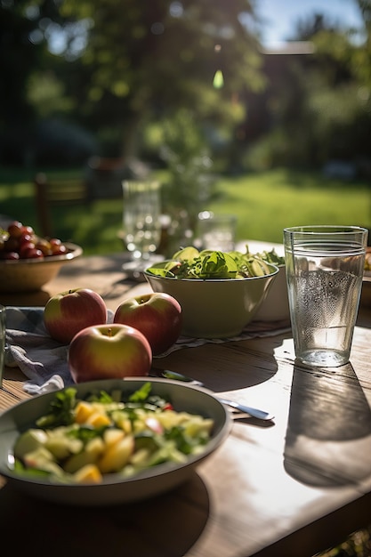 사진 사과, 녹색 러드, 디스 주스, 그리고 그에 있는 견과류와 함께 전면에 있는 정원 테이블