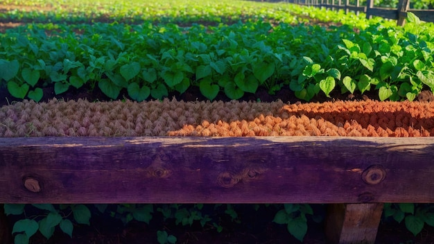 A garden table with a row of vegetables in it