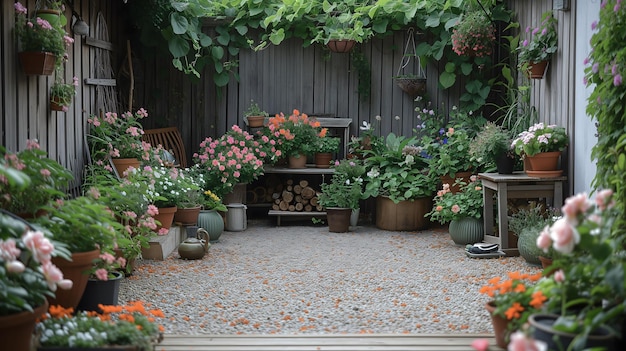 Garden terrace with potted plants and rustic wooden decor