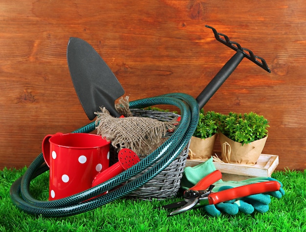 Garden tools on grass in yard