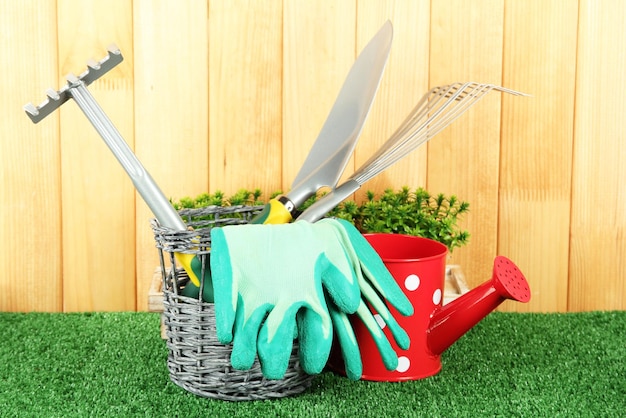 Garden tools on grass in yard