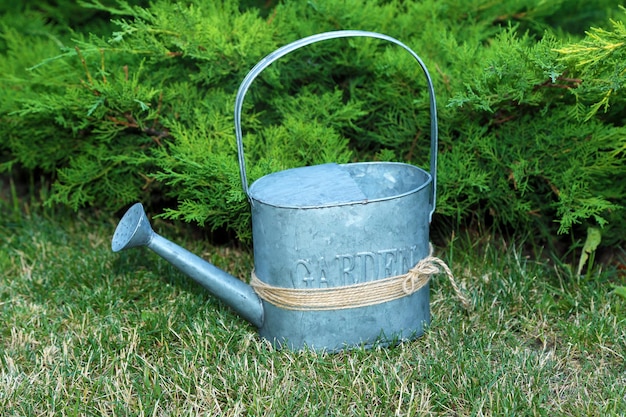 Garden tools on green grass background