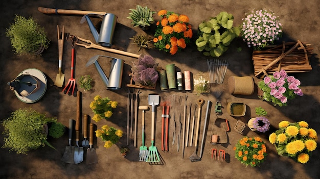 Photo garden tools a overhead view of shovels and more