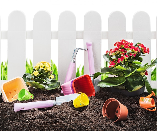 Garden tools in soil isolated on white  