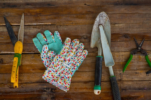 Garden tools on a wooden table