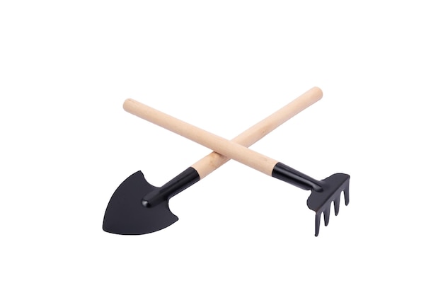 Photo garden trowel and rake in isolated with clipping path gardening equipment