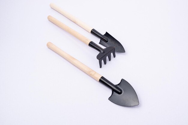 Garden trowel and rake on white backgroundgardening equipment