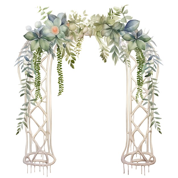 Garden Trusswork Arch With Macrame Metal Garden Watercolor Gate Beauty Art on White Background