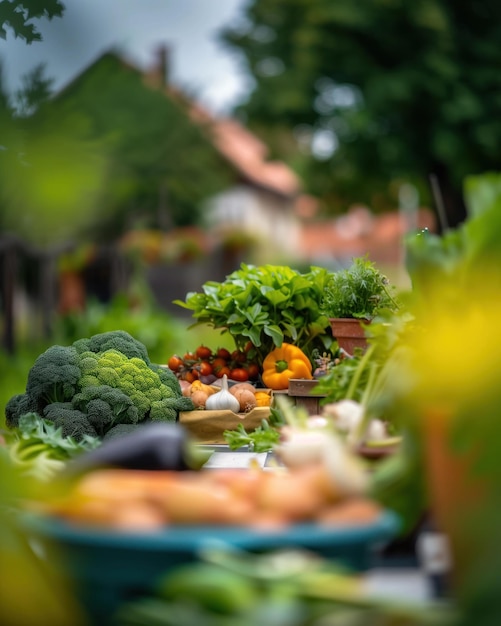 Garden veggies on checkered cloth lively colors natural presentation