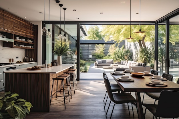 Garden view open kitchen with large table and light terrace