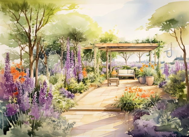 the garden walkway has been sketched by hand in the style of whimsical illustrative
